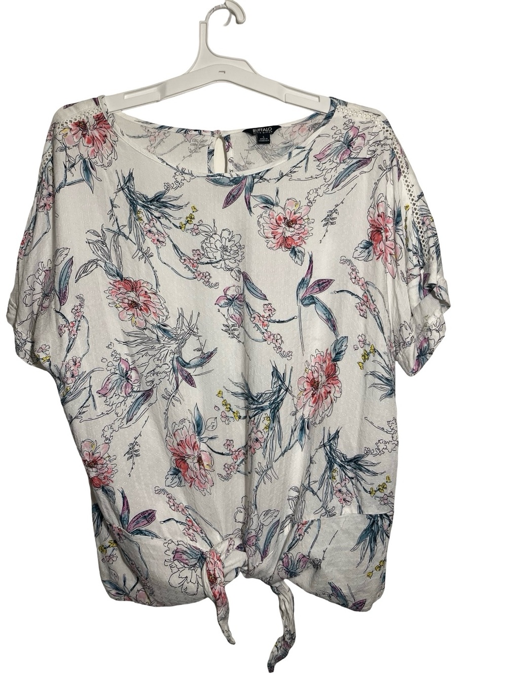 Buffalo David Bitton Floral Tie-Front Short Sleeve Top - Cream, Pink, Blue